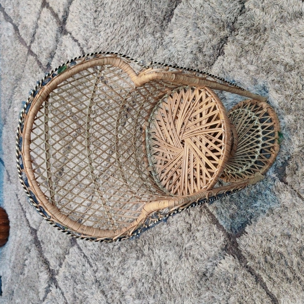 Rattan Wicker Doll Chair Plant Stand 16” High Back Peacock Vintage Miniature